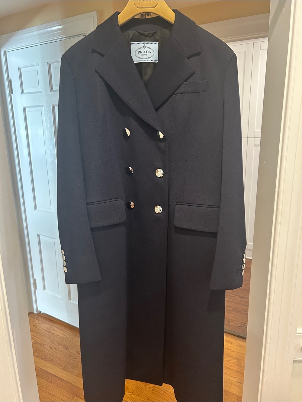 Prada Navy Double-Breasted Long Trench Coat with Silver Buttons NWOT